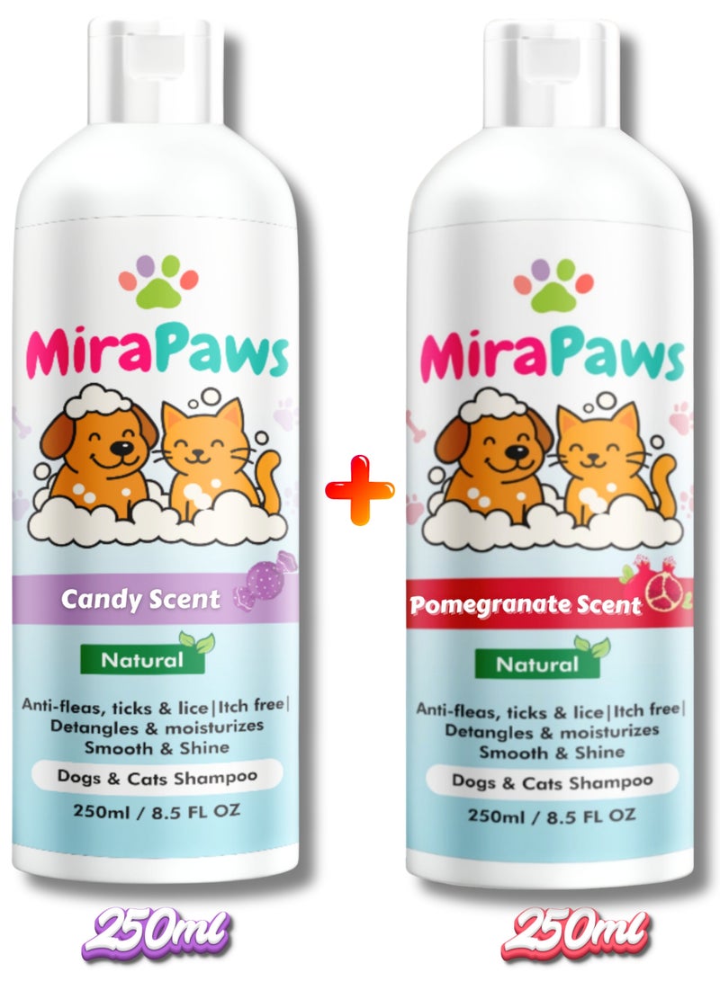 MiraPaws Pets Shampoo - Candy Scent 250ml + Pomegranate 250ml (Pack of 2) - Image 1